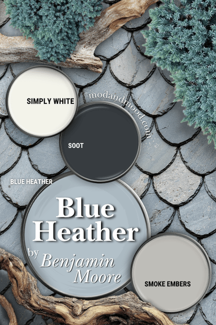 Benjamin Moore Blue Heather in a color palette with Smoke Embers, Simply White, and Soot, over a background of rounded shale tiles