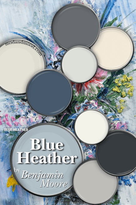 Benjamin Moore Blue Heather in a color palette wit unlabelled colors from the article.