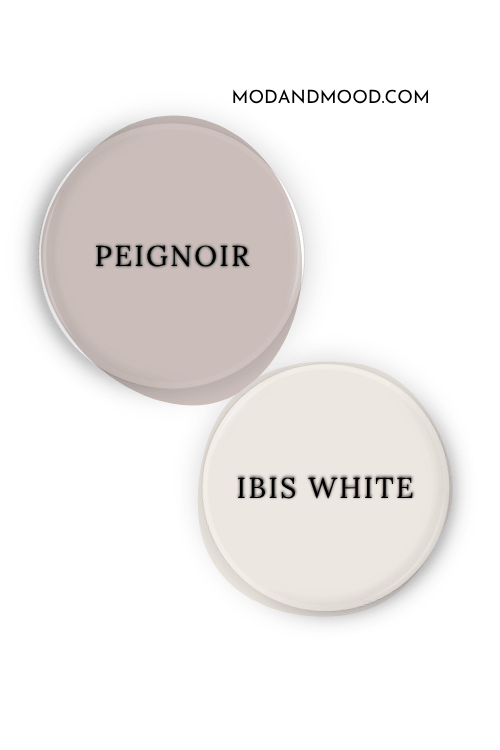 Farrow and Ball Peignoir swatched as a paint dot alongside the same of Sherwin Williams Ibis White.