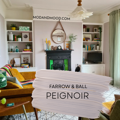 Swatch of Farrow and Ball Peignoir over a photo of the color on walls in a living room.