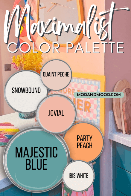 Melon and aqua themed Maximalist color palette features Quaint Peche, Snowbound, Jovial, Party Peach, Majestic Blue, and Ibis White over a background of a funky maximalist kitchen in similar colors.
