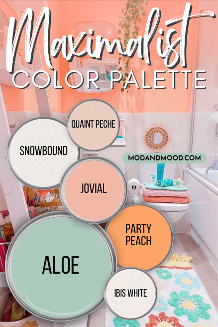 Melon and mint themed Maximalist color palette features Quaint Peche, Snowbound, Jovial, Party Peach, Aloe, and Ibis White over a background of a funky bathroom in similar colors.