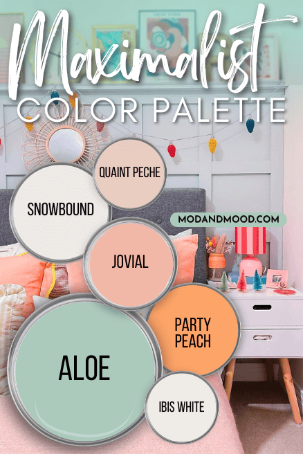 Melon and mint themed Maximalist color palette features Quaint Peche, Snowbound, Jovial, Party Peach, Aloe, and Ibis White over a background of a funky bedroom in similar colors.