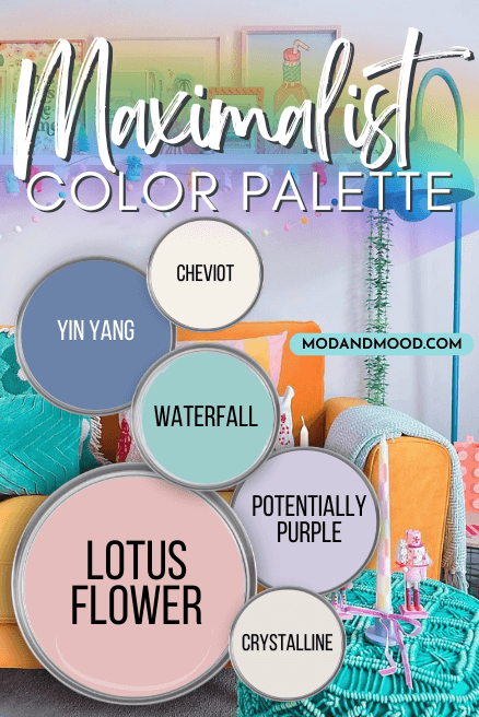 Rainbow pastel maximalist color palette features Cheviot, Yin Yang, Waterfall, Potentially Purple, Lotus Flower, and Crystalline over a background of a living room with similar colors.