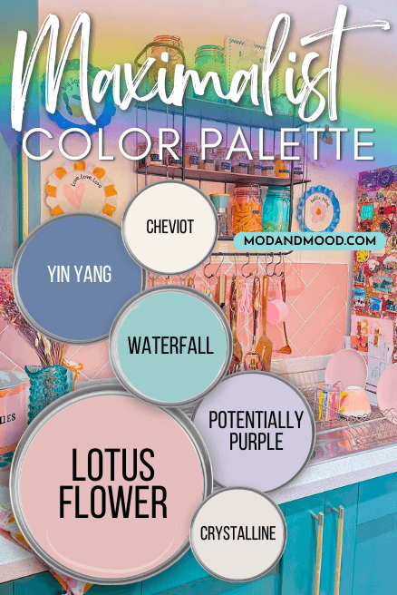 Rainbow pastel maximalist color palette features Cheviot, Yin Yang, Waterfall, Potentially Purple, Lotus Flower, and Crystalline over a background of a kitchen in similar colors.