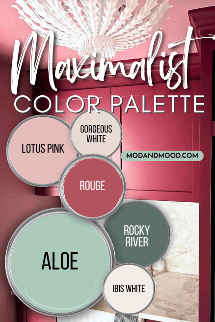 Pink and aqua maximalist color palette features Aloe, Lotus Pink, Rouge, Ibis White, Rocky River, and Ethereal White over a background of a magenta and pink laundry room with a white chandelier.