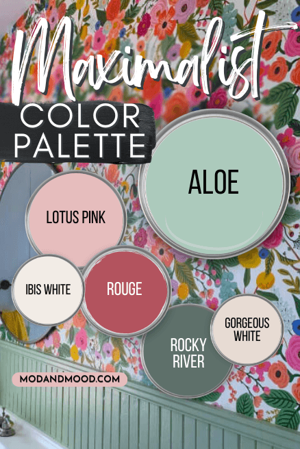 Pink and aqua maximalist color palette features Aloe, Lotus Pink, Rouge, Ibis White, Rocky River, and Ethereal White over a background of a busy bathroom with green beadboard and funky maximalist floral wallpaper.
