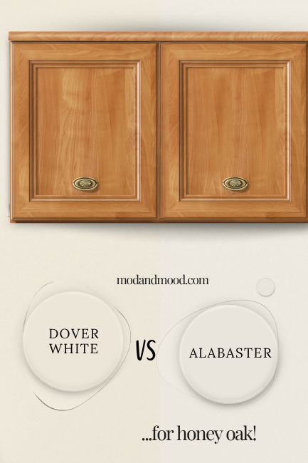 Sherwin Williams Dover White and Alabaster with honey oak kitchen cabinets.