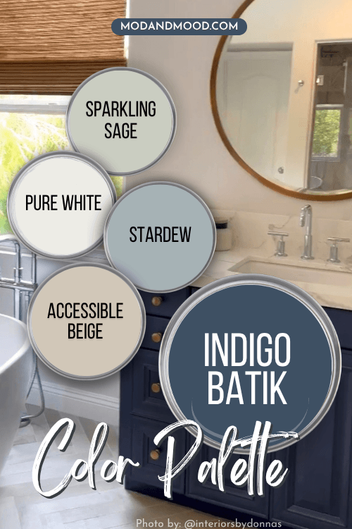 Sherwin Williams Indigo Batik color palette features Indigo Batik, Accessible Beige, Stardew, Pure White, and Sparkling Sage all on paint lids over a background of Indigo Batik on bathroom cabinets.