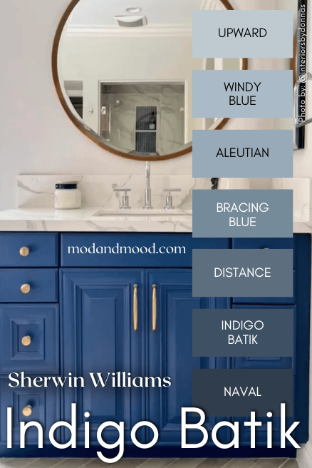 Sherwin williams Indigo Batik color strip from light to dark contains Upward, Windy Blue, Aleutian, Distance, Indigo Batik, and Naval, over a background of the color on a bathroom vanity.