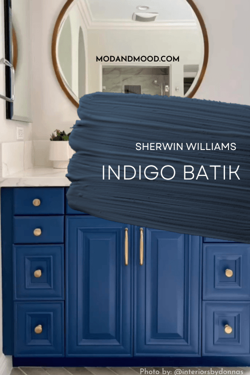 Swatch of Sherwin Williams Indigo Batik over a photo of the color on a bathroom vanity