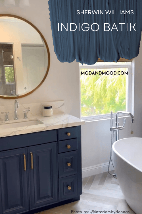 Sherwin Williams Indigo Batik on a vanity in a bathroom.