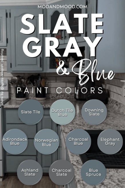 Slate Gray and blue paint colors over a background of dutch tile blue on kitchen cabinets. Colors are Slate Tile, Dutch Tile Blue, Downing Slate, Adirondack Blue, Norwegian Blue, Charcoal Blue, elephant gray, blue spruce, and Ashland Slate