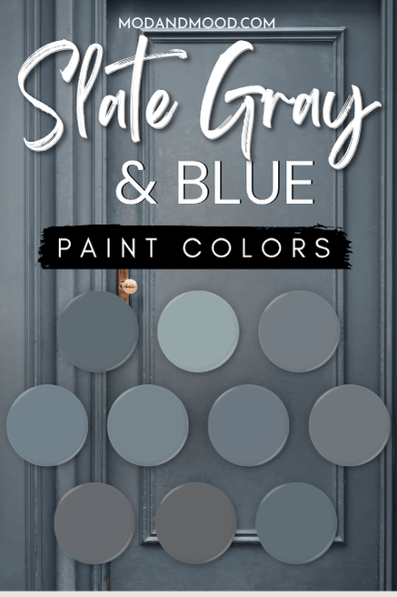 Slate Gray and Blue paint colors from the article swatched over a background of a slate blue color on a kitchen cabinet.