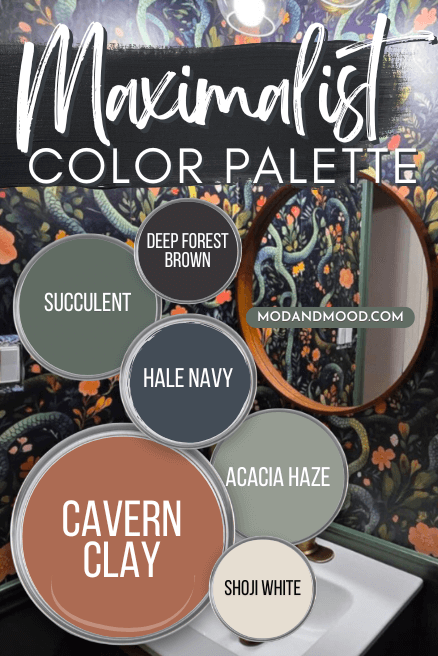 Traditional Maximalist color palette features tried and true colors Deep Forest Brown, Cavern Clay, Hale Navy, Acacia Haze, Succulent, and Shoji White over a background of a bathroom with a bold wallpaper in similar colors.