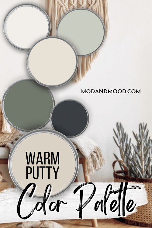 Valspar Warm Putty coordinating colors features Swiss Coffee, Sparkling Sage, Totten's Inlet, Lush Sage, Chimney Smoke (unlabelled), and of course Warm Putty, all on paint lids over a background photo of a white boho living room.