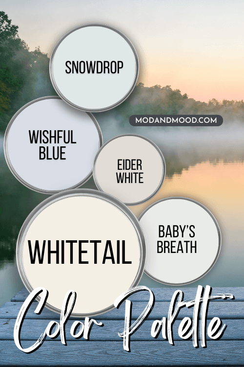 Pastel color palette for Sherwin Williams Whitetail features Snowdrop, Wishful Blue, Eider White, and Baby's Breath alongside Whitetail over a background of sunrise at the lake.