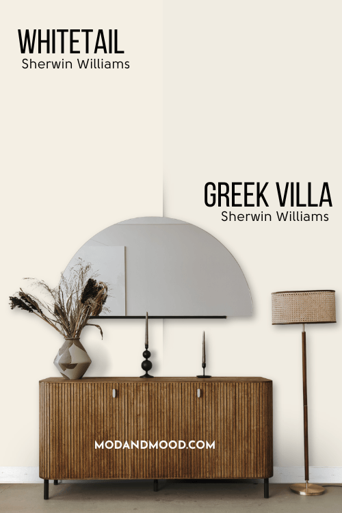 Sherwin Williams Greek Villa on half of a wall appears more gray compared to whitetail