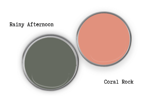 Benjamin Moore Rainy Afternoon swatched beside coordinating color Coral Rock.