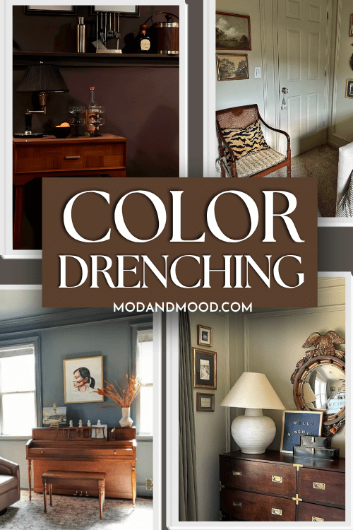 Graphic reads "color drenching" with 4 photos around the outside of color drenched spaces.