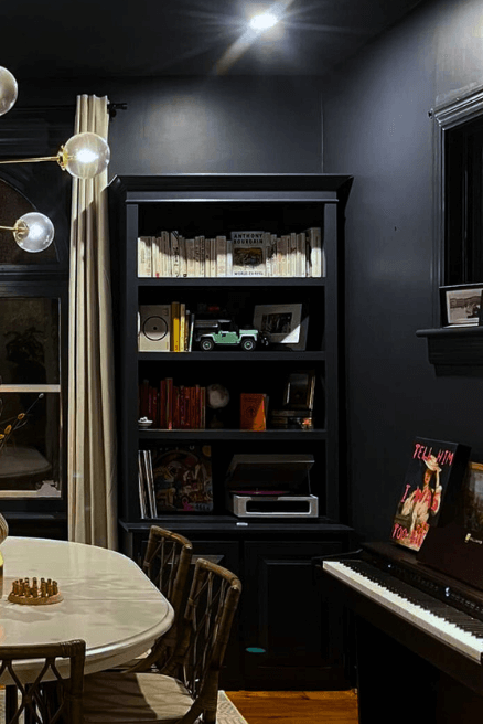 close up of bookshelves in a color drenched dining room.
