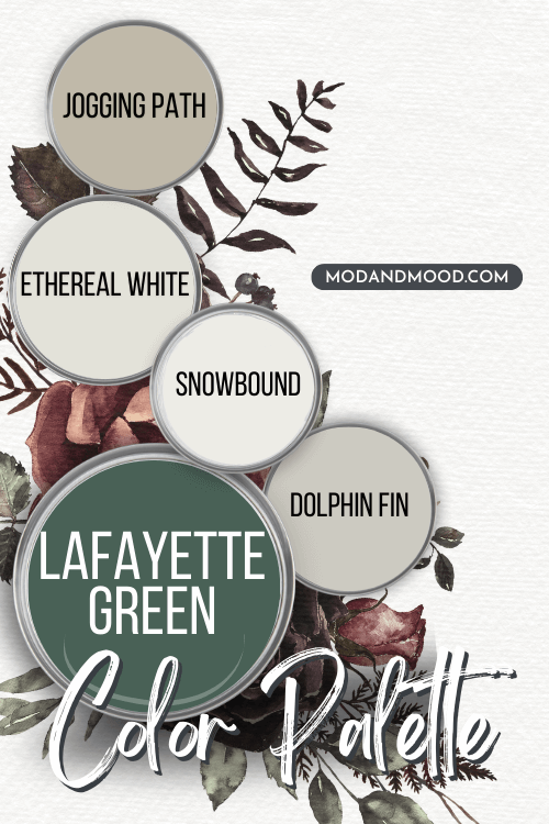 Benjamin Moore Lafayette Green on a paint lid with coordinating neutral colors Jogging Path, Ethereal White, Dolphin Fin, and Snowbound also on paint lids over a white background with watercolor florals.