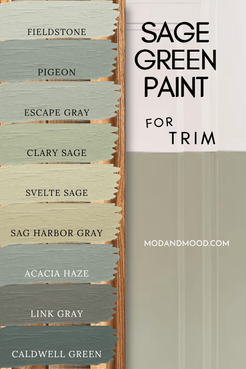 All of the 9 sage green trim colors swatched over a piece of wood trim over a photo of a sage green and white wall.