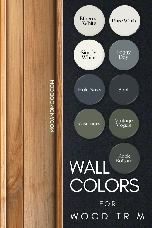 All 9 paint colors from the article, swatched over a dark background beside a piece of wood trim.