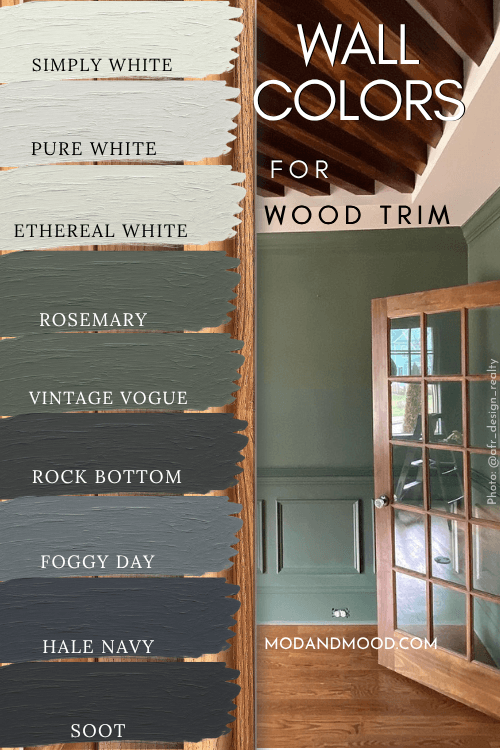 All 9 paint colors from the article, swatched over a piece of wood trim, on top of a photo of Sherwin Williams Rosemary in a bedroom