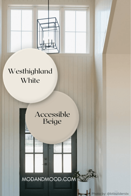 Swatches of Westhighland White and Accessible Beige over a photo of white walls and beige vertical shiplap and trim.