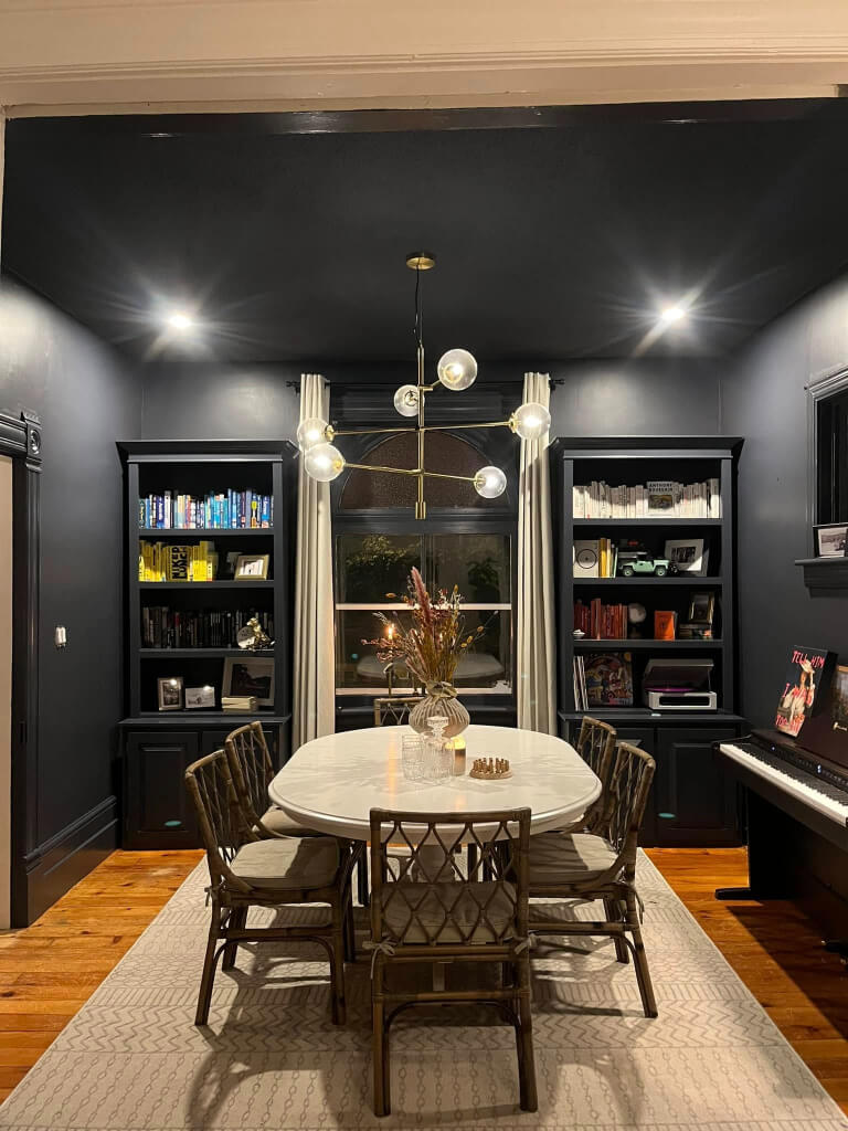 Benjamin Moore Hale Navy in a color drenched dining room