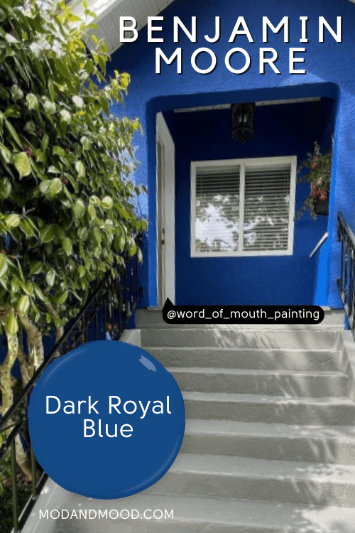 Swatch of Benjamin Moore Dark Royal Blue over a photo of the same color on a home exterior.