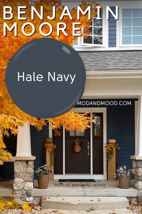 Swatch of Benjamin Moore Hale Navy over a photo of the same color on a home exterior.
