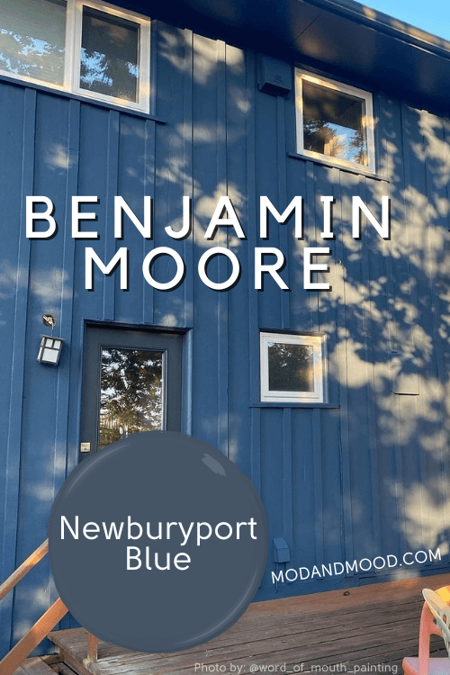 Swatch of Benjamin Moore Newburyport Blue over a photo of the same color on a home exterior.