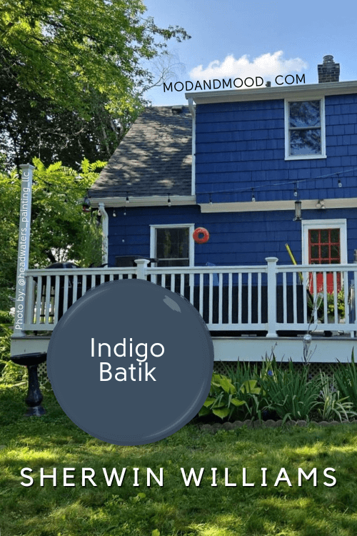 Swatch of Sherwin Williams Indigo Batik over a photo of the same color on a home exterior.