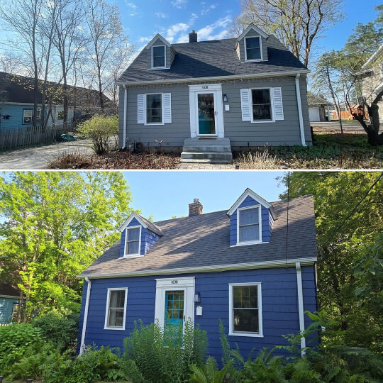 Before and after of a small gray cottage repainted into the bold blue of Sherwin Williams Indigo batik.