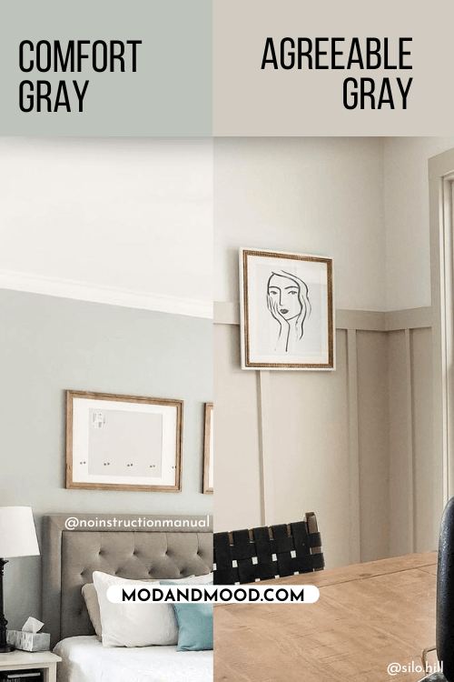 Sherwin Williams Comfort Gray on a bedroom wall with white ceiling and Agreeable Gray on wainscoting with white walls.