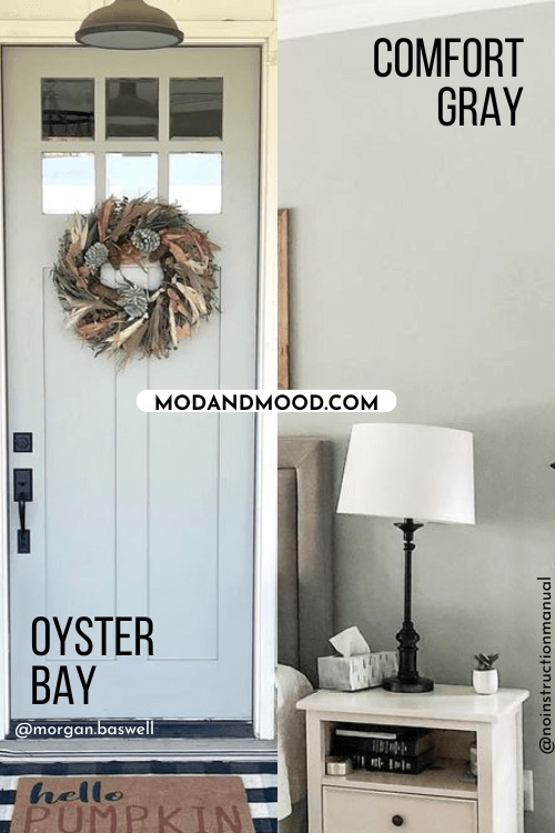 Sherwin Wiliams Oyster Bay on a front door compared to comfort gray on a wall