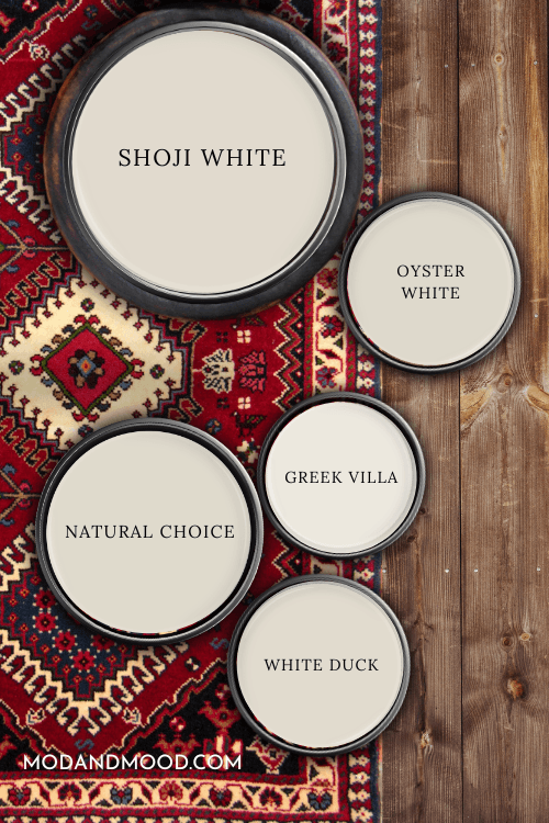 All of the beige whites from the post over a background of a wood floor and a red woven carpet.