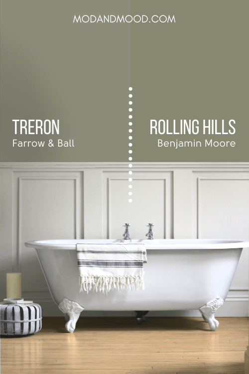 Farrow and Ball Treron on half of a bathroom wall with Benjamin Moore dupe Rolling Hills on the other half, behind off white wainscoting and a clawfoot tub.