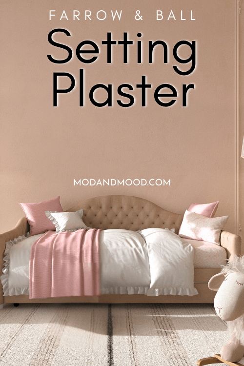 Farrow & Ball Treron Setting Plaster on the wall behind a beige daybed.