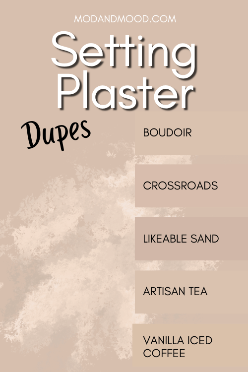 Dupes for Farrow & Ball Setting Plaster from other brands. Five swatches of similar colors line the right side of the graphic. Colors are Boudoir, Crossroads, Likeable Sand, Artisan Tea, and Vanilla Iced Coffee over a background of Setting Plaster with a plaster texture sponged in between the color and the swatches for contrast.
