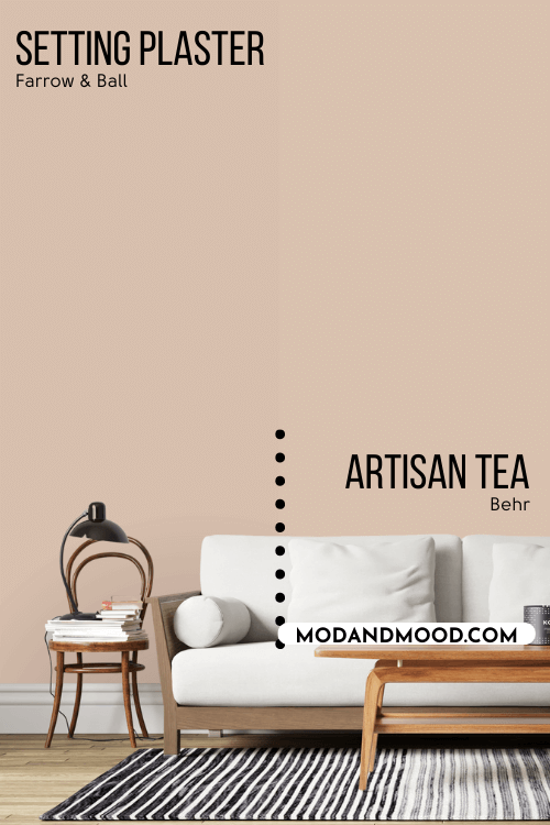 Farrow & Ball Setting Plaster on half of a wall and Behr dupe Artisan Tea on the other half behind a white wood-framed sofa.