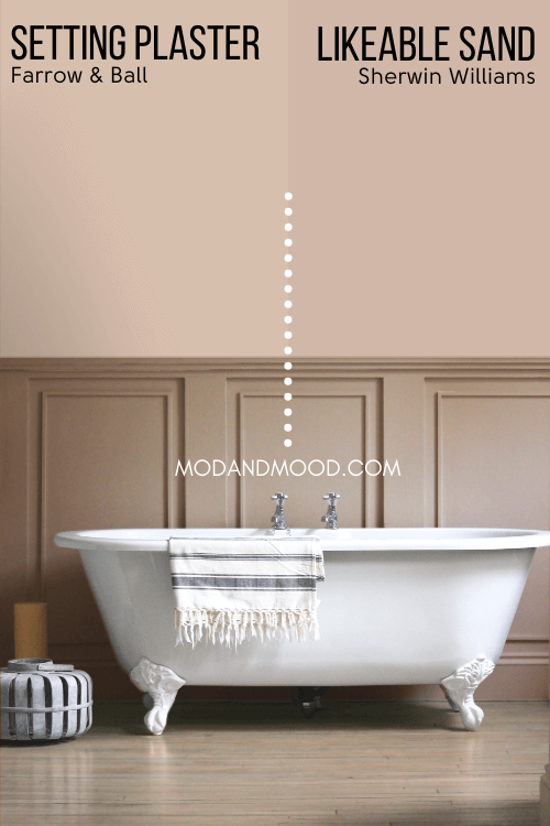 Farrow & Ball Setting Plaster on half of a wall and Sherwin Williams dupe Likeable Sand on the other half above taupe colored wainscoting in a bathroom with a white clawfoot tub.