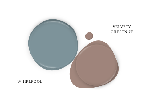 Sherwin Williams Whirlpool paint dot swatched alongside coordinating color Velvety Chestnut