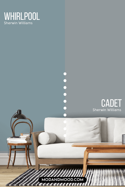 Sherwin Williams Whirlpool on half of a wall and cadet on the other half behind a white couch.