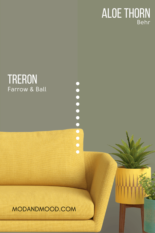 Farrow and Ball Treron on half of a living room wall with Behr dupe Aloe Thorn on the other half, behind a mustard sofa.