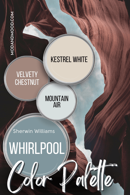 Sherwin Williams recommended coordinating colors for Whirlpool include Kestrel White, Velvety Chestnut, and Mountain Air. Each color is swatched on a paint lid over a background of the sky peaking through the top of a canyon.