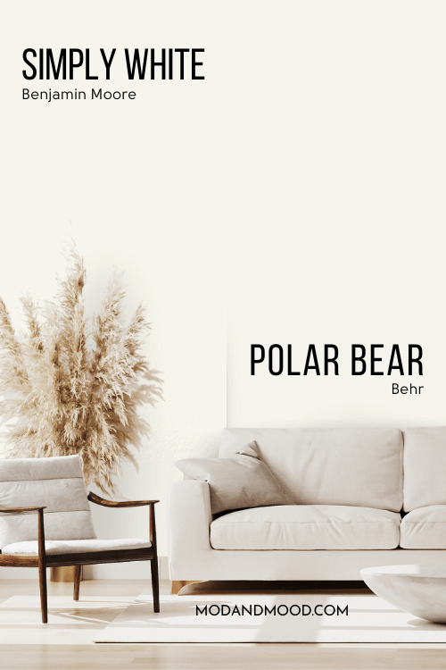 Benjamin Moore Simply White on one half of a wall in a living room and behr dupe Polar Bear on the other half.