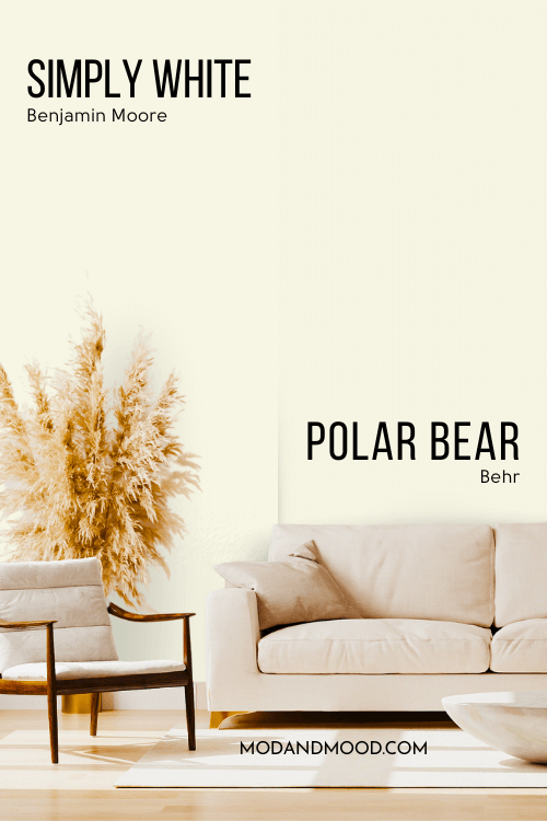 benjamin Moore Simply White on one half of a wall in a living room and behr dupe Polar Bear on the other half where the undertones are over exaggerated.